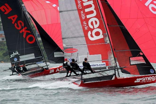 Defending champion Smeg and Asko Appliances in close racing duel - JJ Giltinan 18ft Skiff Championship © Frank Quealey /Australian 18 Footers League http://www.18footers.com.au
